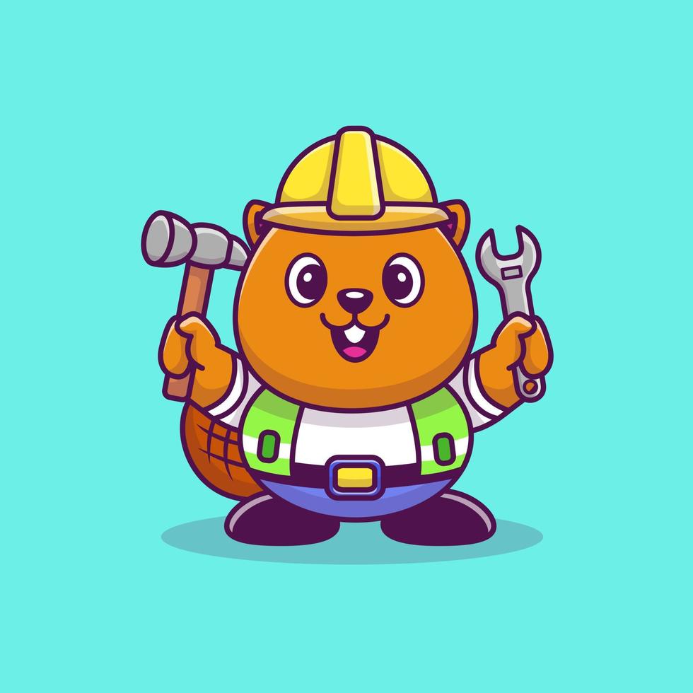 Cute Beaver Construction Cartoon Vector Icon Illustration. Animal Profession Icon Concept Isolated Premium Vector. Flat Cartoon Style