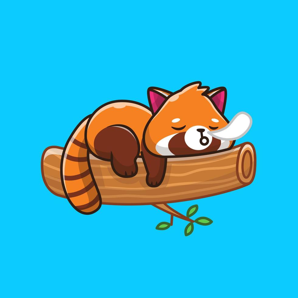 Cute Red Panda Sleeping On Wood Cartoon Vector Icon Illustration. Animal Nature Icon Concept Isolated Premium Vector. Flat Cartoon Style