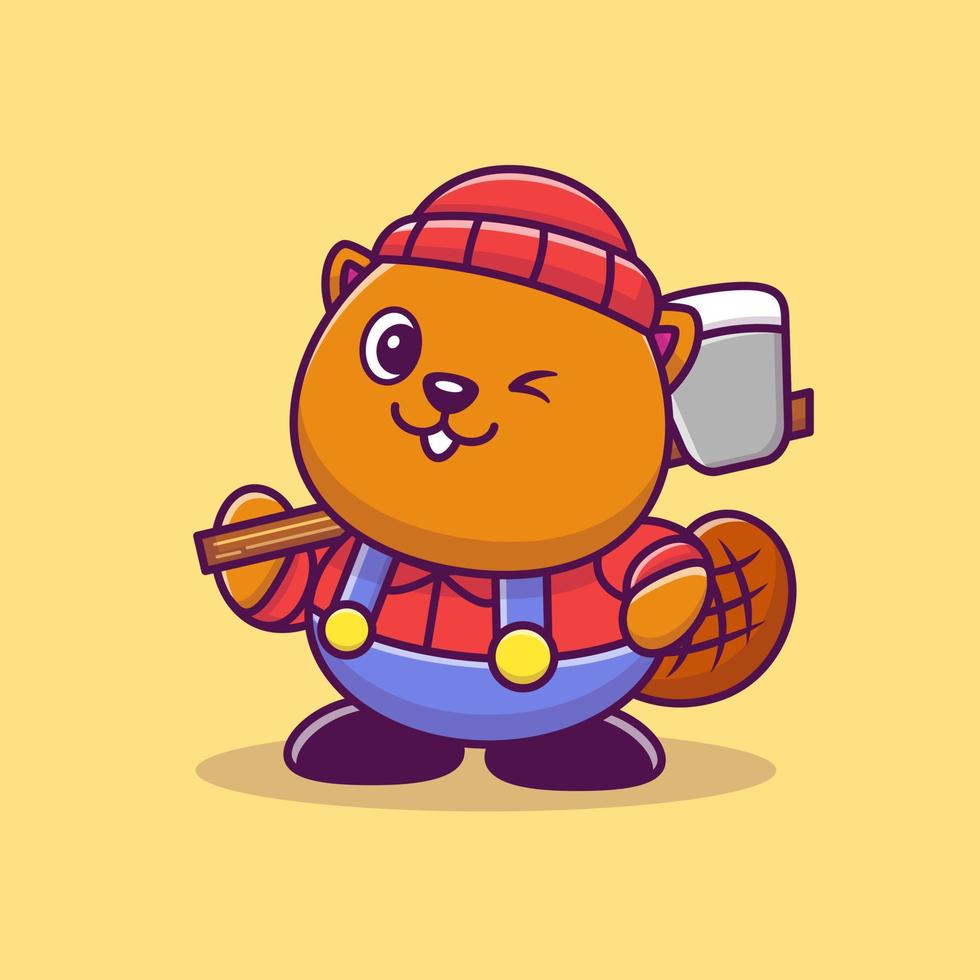 Cute Beaver Lumberjack Cartoon Vector Icon Illustration. Animal Profession Icon Concept Isolated Premium Vector. Flat Cartoon Style