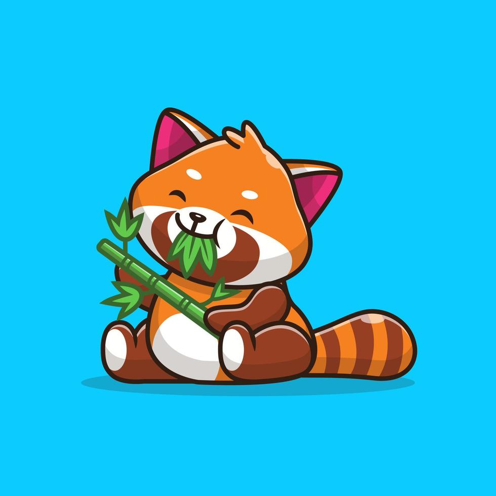 Cute Red Panda Eating Bamboo Cartoon Vector Icon Illustration. Animal Nature Icon Concept Isolated Premium Vector. Flat Cartoon Style