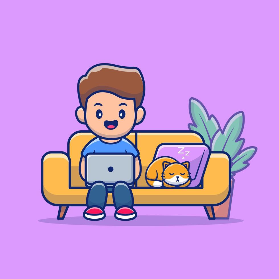 hombre trabajando en una computadora portátil con ilustración de icono de vector de dibujos animados de gato. concepto de icono de tecnología de personas vector premium aislado. estilo de dibujos animados plana