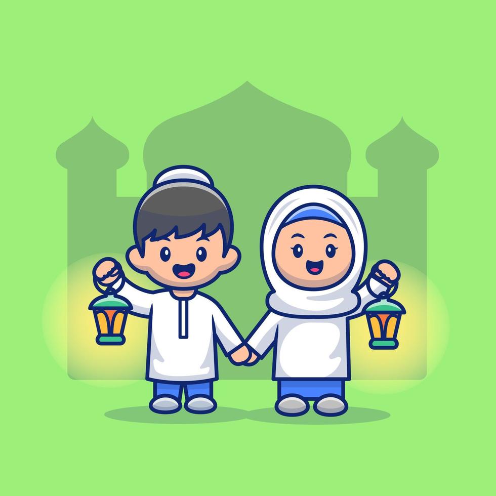 Moslem Girl And Boy Holding Lantern Cartoon Vector Icon Illustration. People Religion Icon Concept Isolated Premium Vector. Flat Cartoon Style