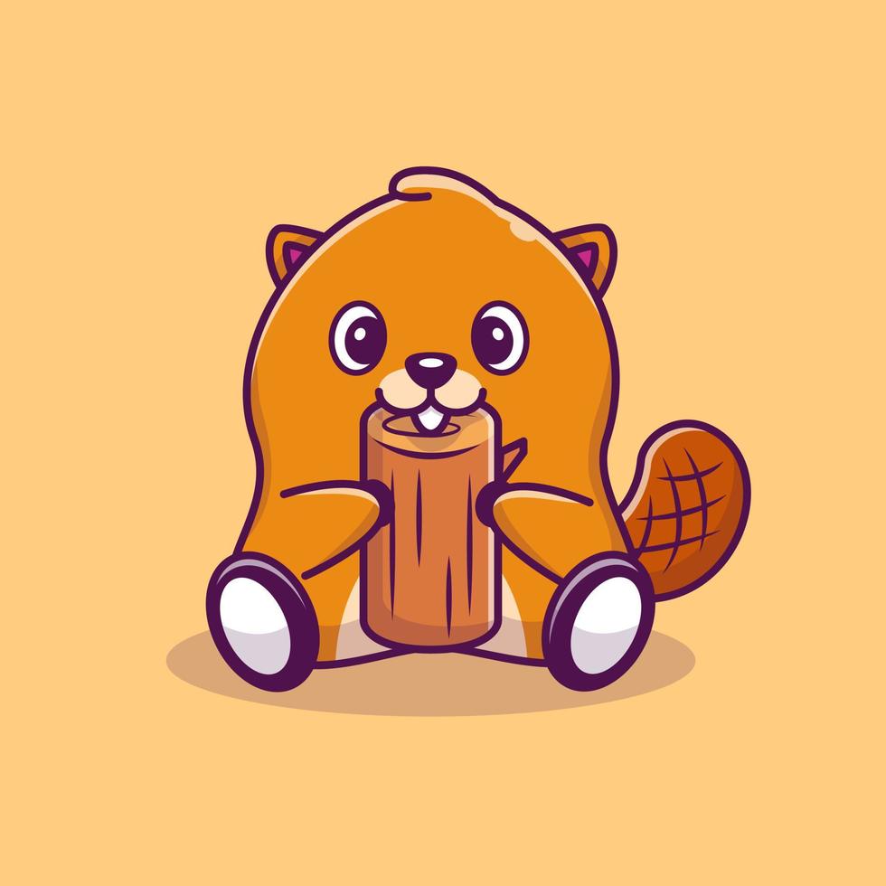 Cute Beaver Bite Wood Cartoon Vector Icon Illustration. Animal Nature Icon Concept Isolated Premium Vector. Flat Cartoon Style