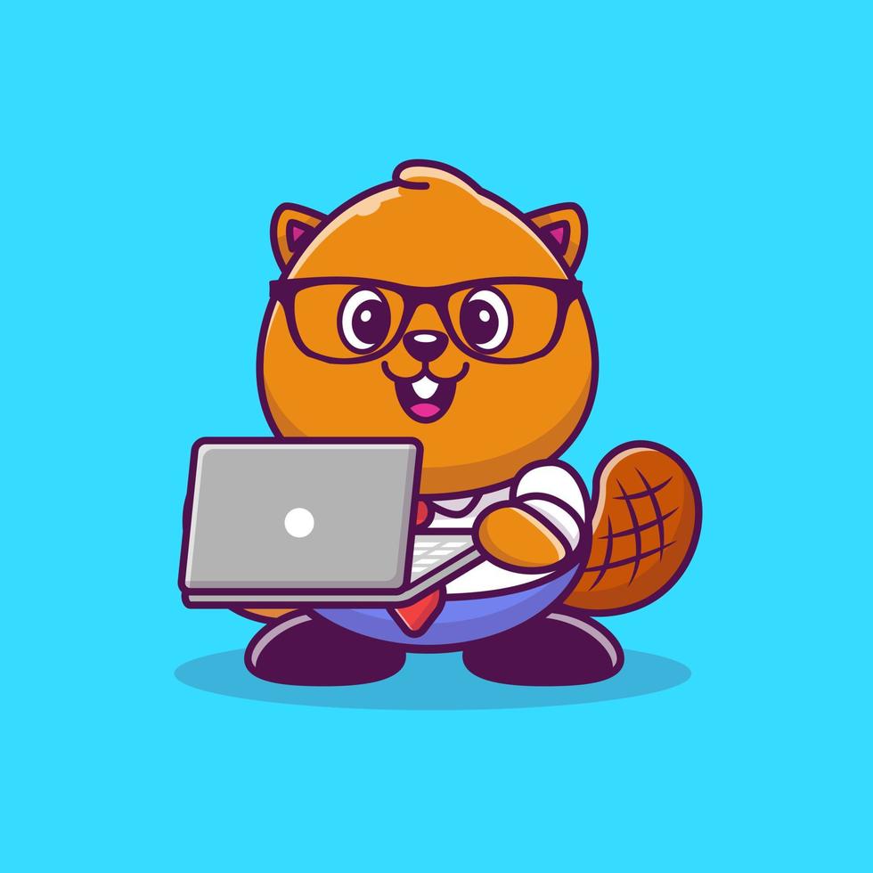 Cute Beaver Working On Laptop Cartoon Vector Icon Illustration. Animal Profession Icon Concept Isolated Premium Vector. Flat Cartoon Style
