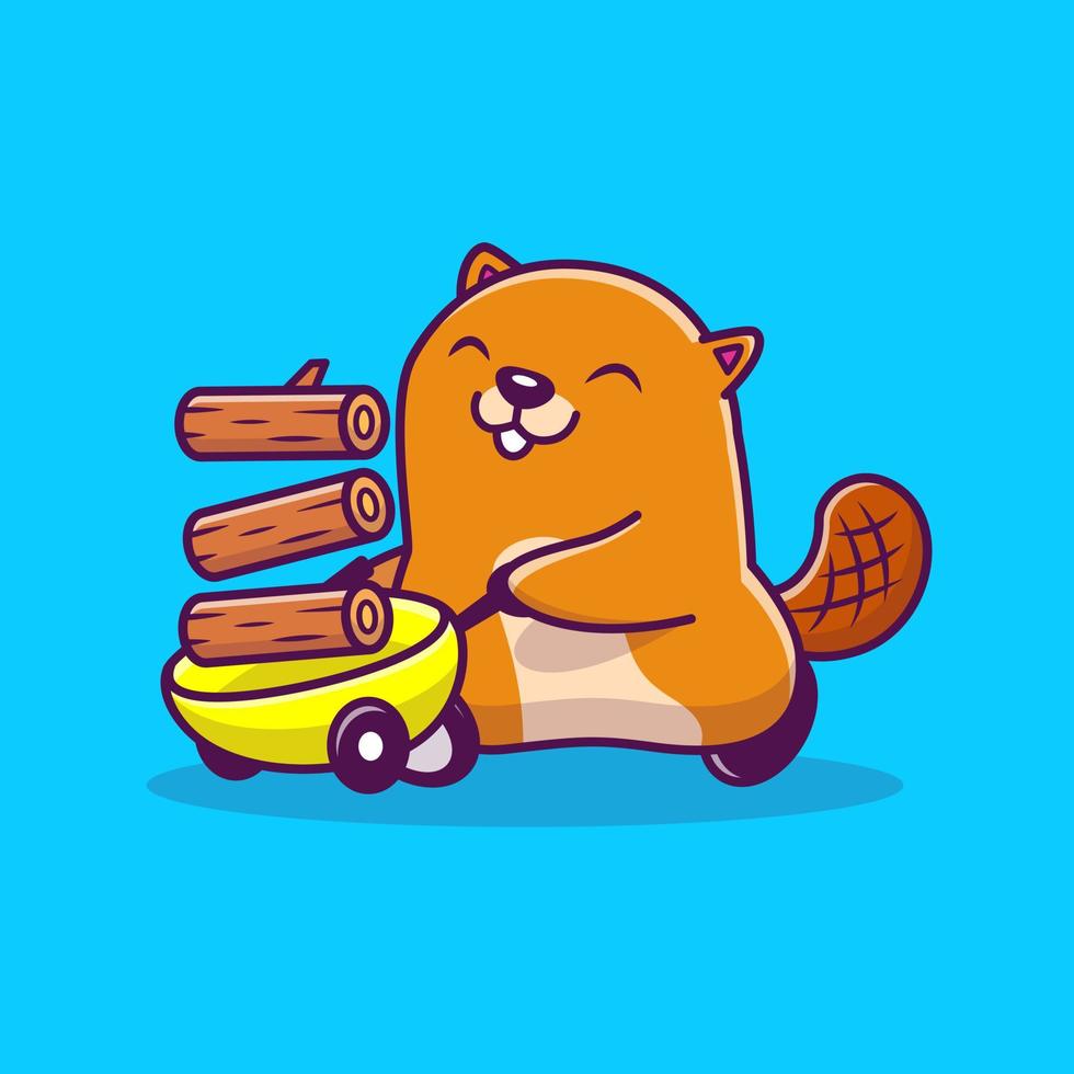Cute Beaver With Cart And Wood Cartoon Vector Icon Illustration. Animal Profession Icon Concept Isolated Premium Vector. Flat Cartoon Style