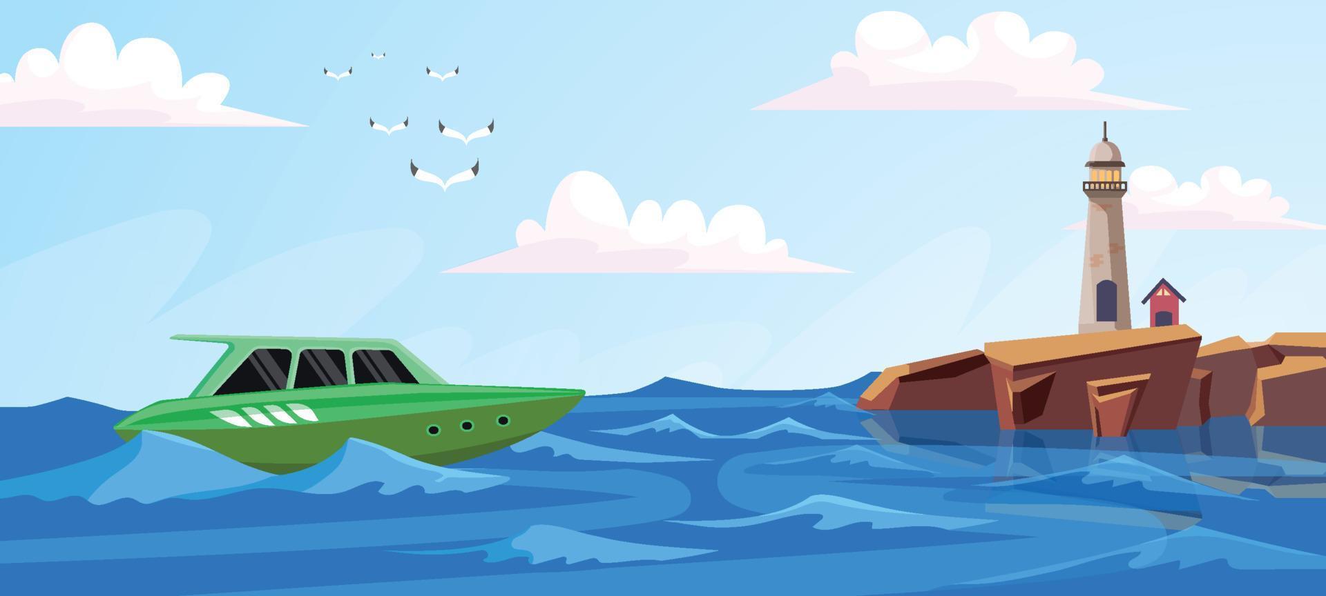 Beautiful Sea With Lighthouse and Sailing Boats vector