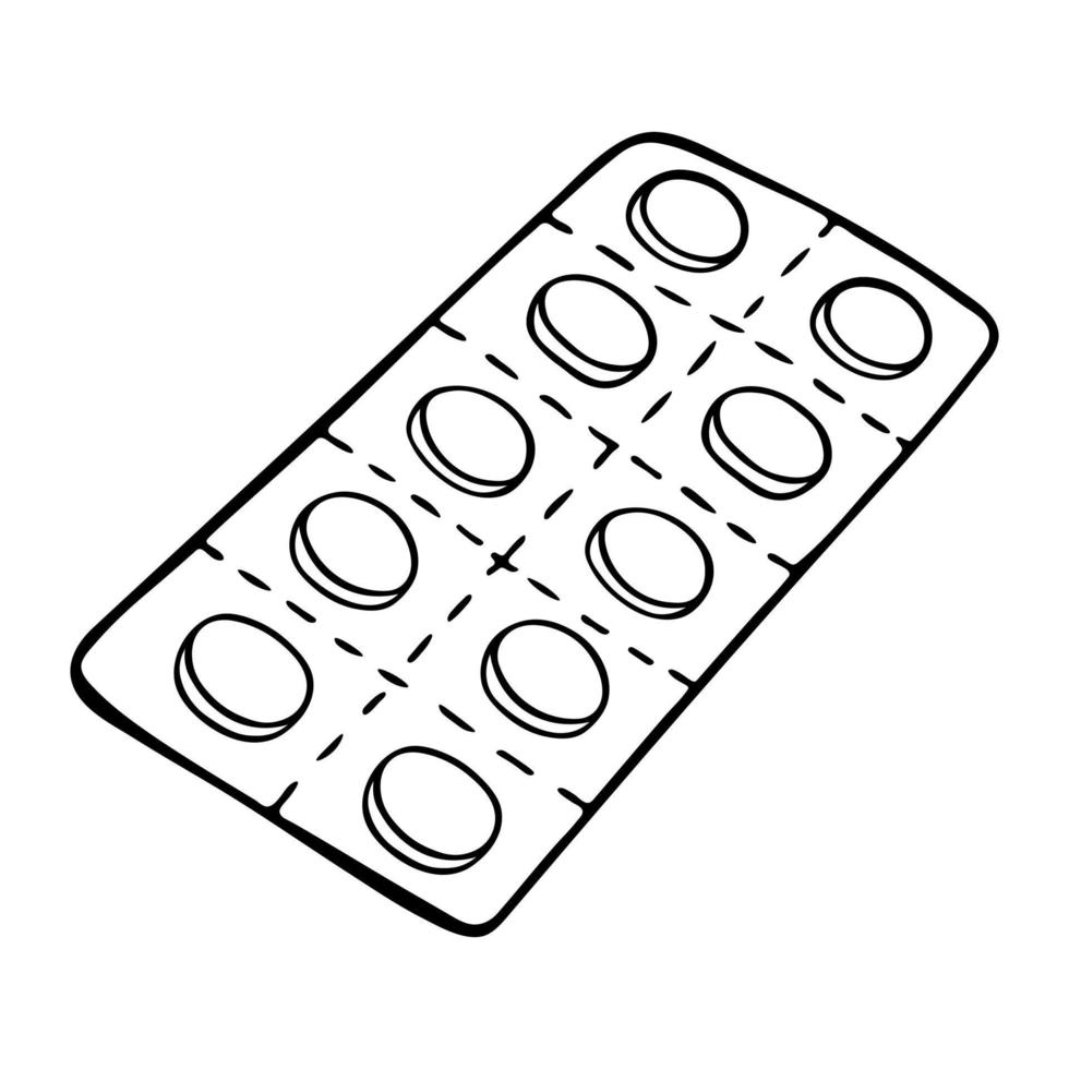 paquete de blister de píldoras de dibujo vectorial aislado sobre fondo blanco. clipart de icono de pastillas dibujadas a mano. garabatear ilustración médica. para impresión, web, diseño, decoración, logotipo. vector