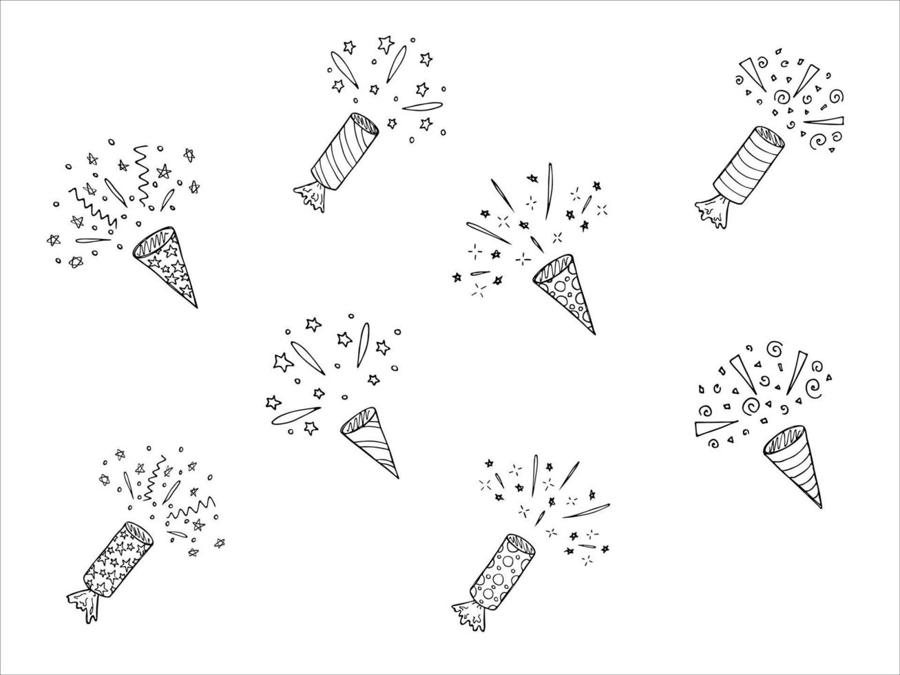 clipart de fuegos artificiales dibujado a mano vectorial. linda ilustración de fiesta aislada sobre fondo blanco. para tarjetas de felicitación, impresión, web, diseño, decoración. vector