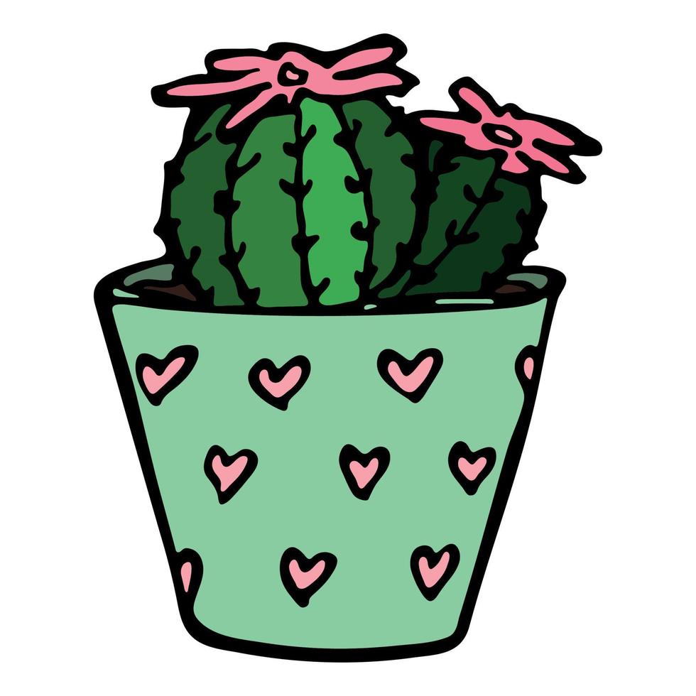 Cute hand drawn simple cactus. Houseplant in a pot clipart. Cacti illustration isolated on white background. Cozy home doodle. vector