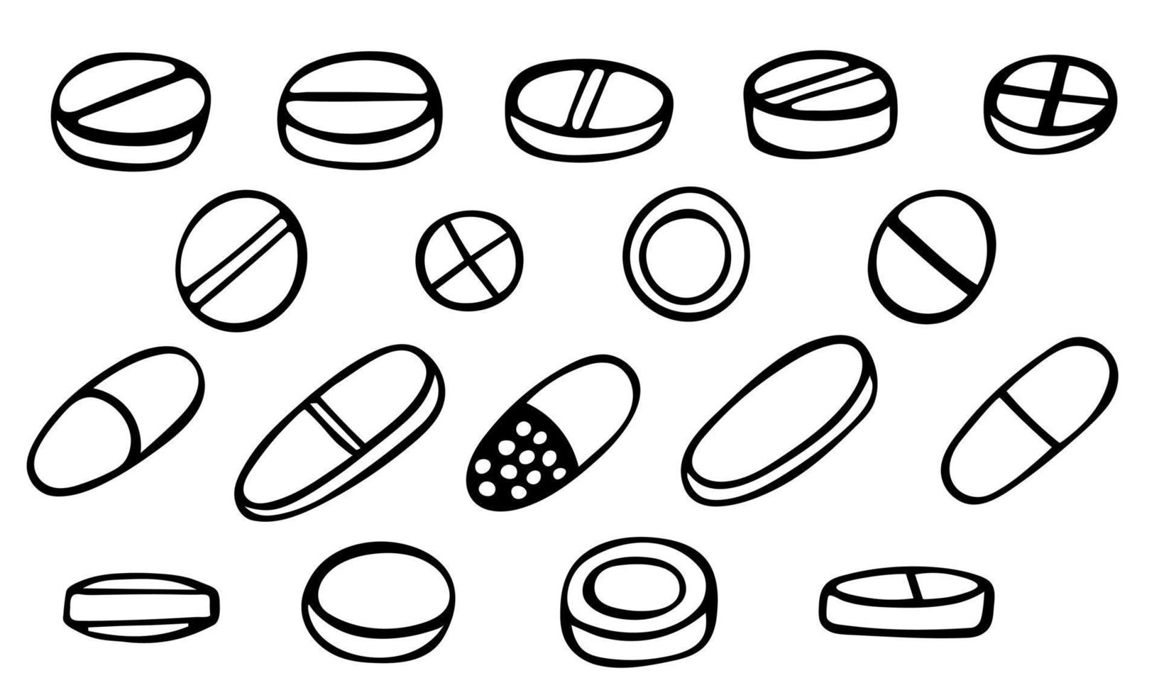 conjunto de bocetos vectoriales de píldoras, cápsulas y vitaminas aisladas en fondo blanco. icono de pastillas dibujadas a mano clipart. garabatear ilustración médica. para impresión, web, diseño, decoración, logotipo. vector