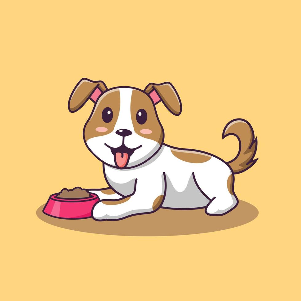 Cute dog cartoon sitting with food bowl, vector cartoon illustration, cartoon clipart