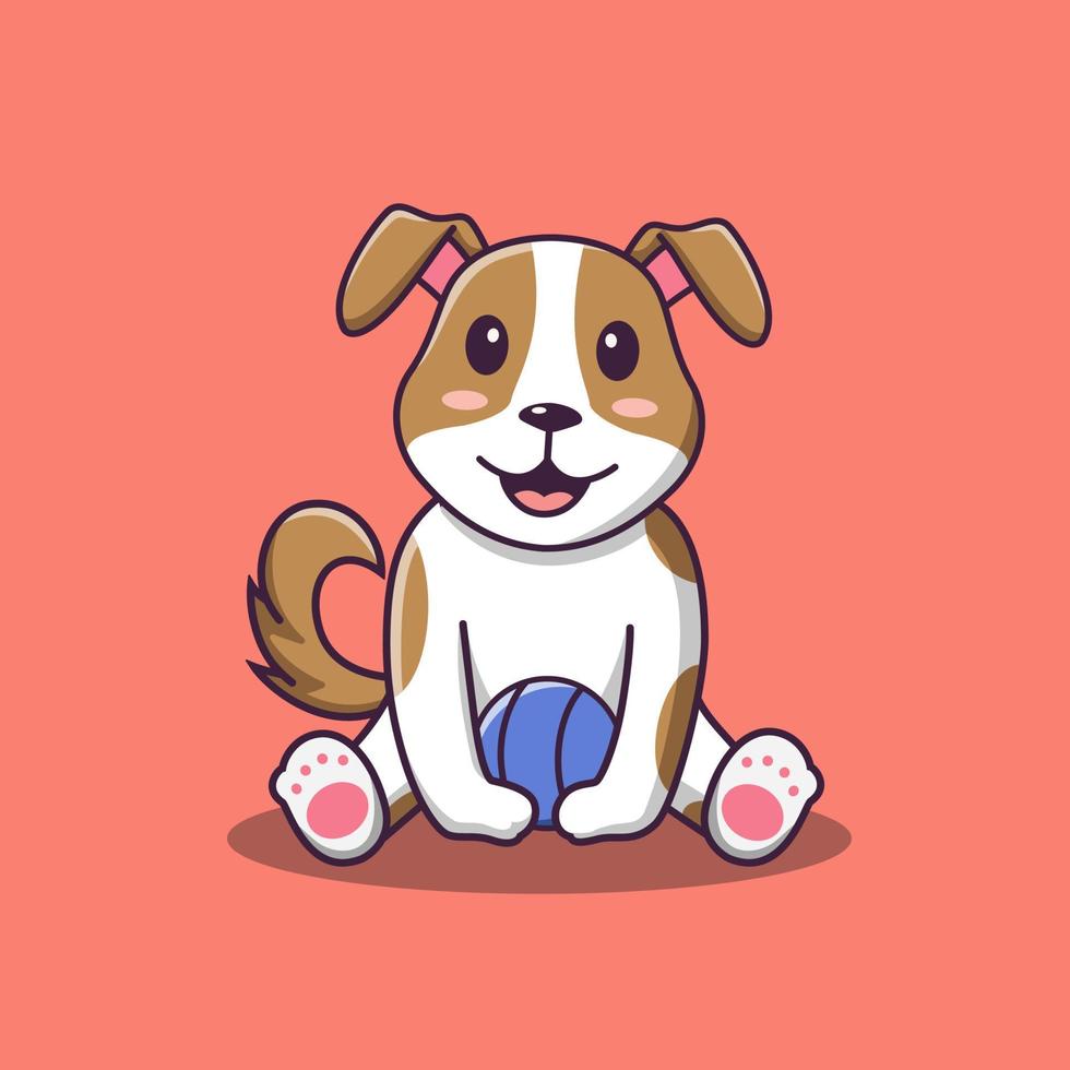 Cute dog cartoon sitting holding ball, vector cartoon illustration, cartoon clipart
