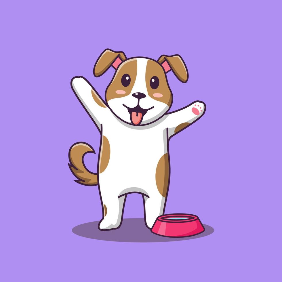 Cute dog cartoon standing with water bowl, vector cartoon illustration, cartoon clipart