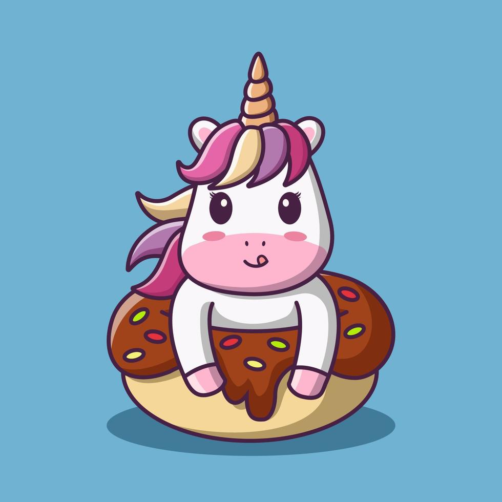 Cute cartoon unicorn with sweet donut, vector cartoon illustration, cartoon clipart