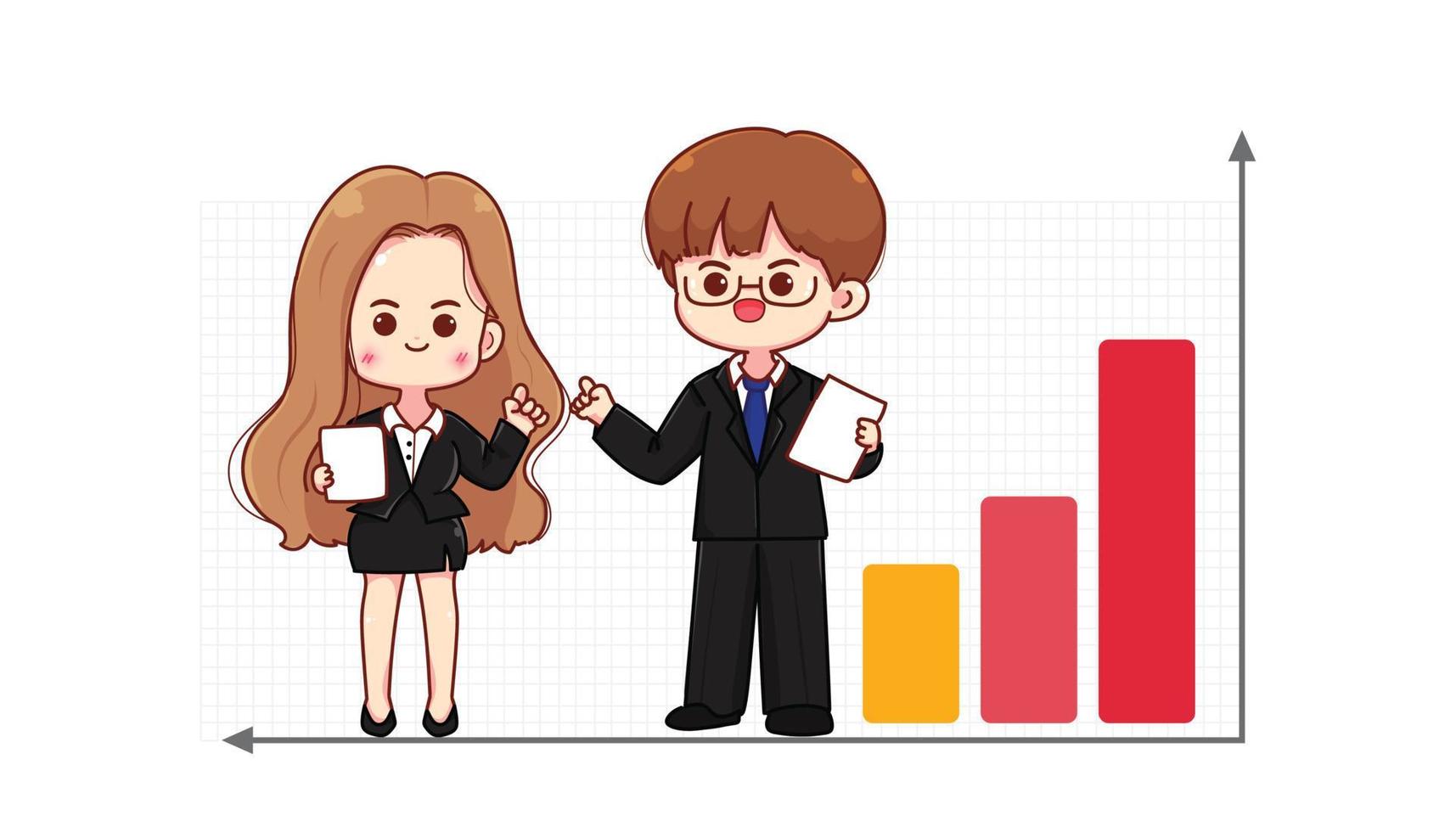 Businessman and businesswoman professional teamwork with graph cartoon character art illustration vector