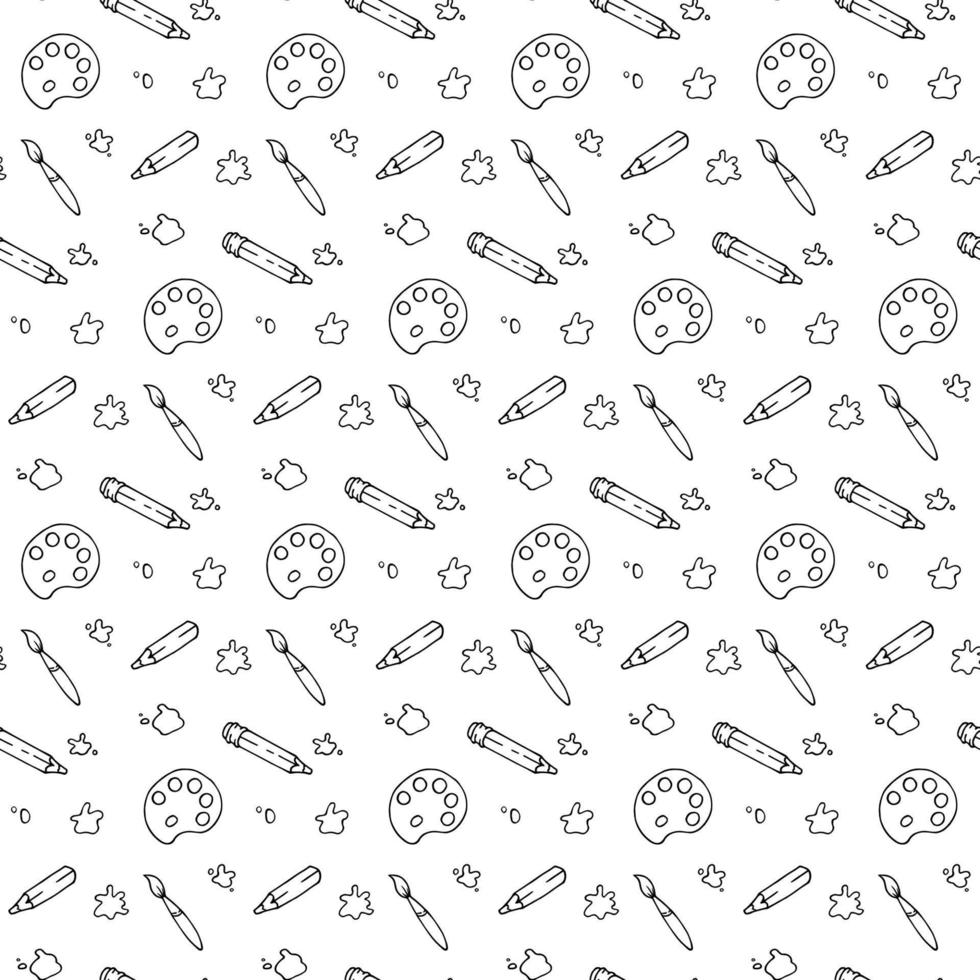 Hand drawn pattern - palette, paintbrush, pencil and blots. Vector illustration in doodle style. Black graphic elements on white