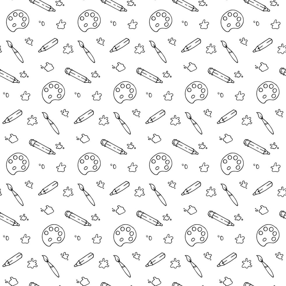 Hand drawn pattern - palette, paintbrush, pencil and blots. Vector illustration in doodle style. Black graphic elements on white