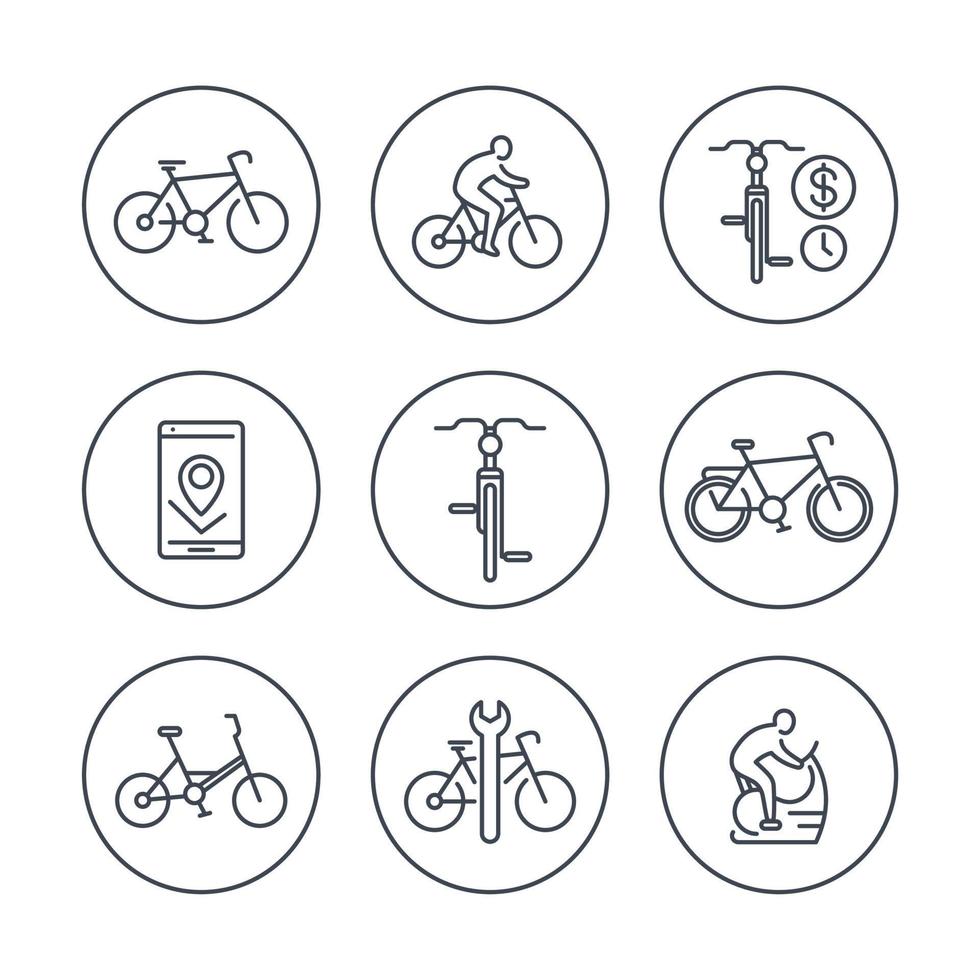 Cycling, cyclist, bicycle, bike repair, line icons in circles, vector illustration