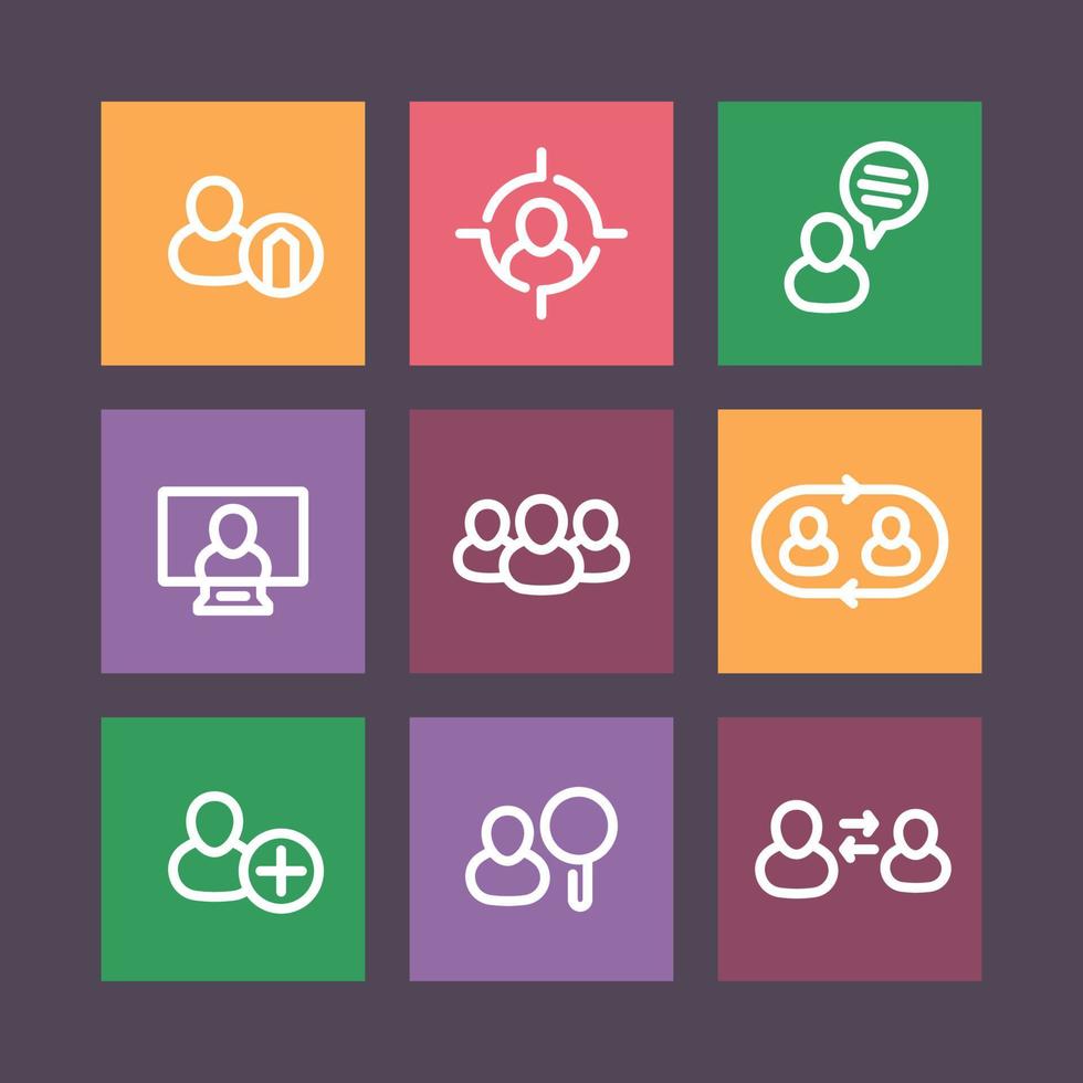 Human resources linear icons, personnel management, staff rotation, coaching, hiring, vacancy, thick line icons on squares, vector illustration