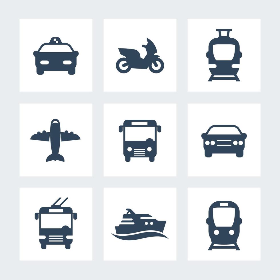 Passenger transport icons, public transportation vector, bus, subway, car, taxi, airplane, ship, simple icons isolated on white, vector illustration