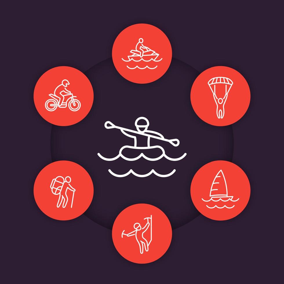 extreme outdoor activities line icons, rafting, skydiving, alpinism, sailing and motocross vector
