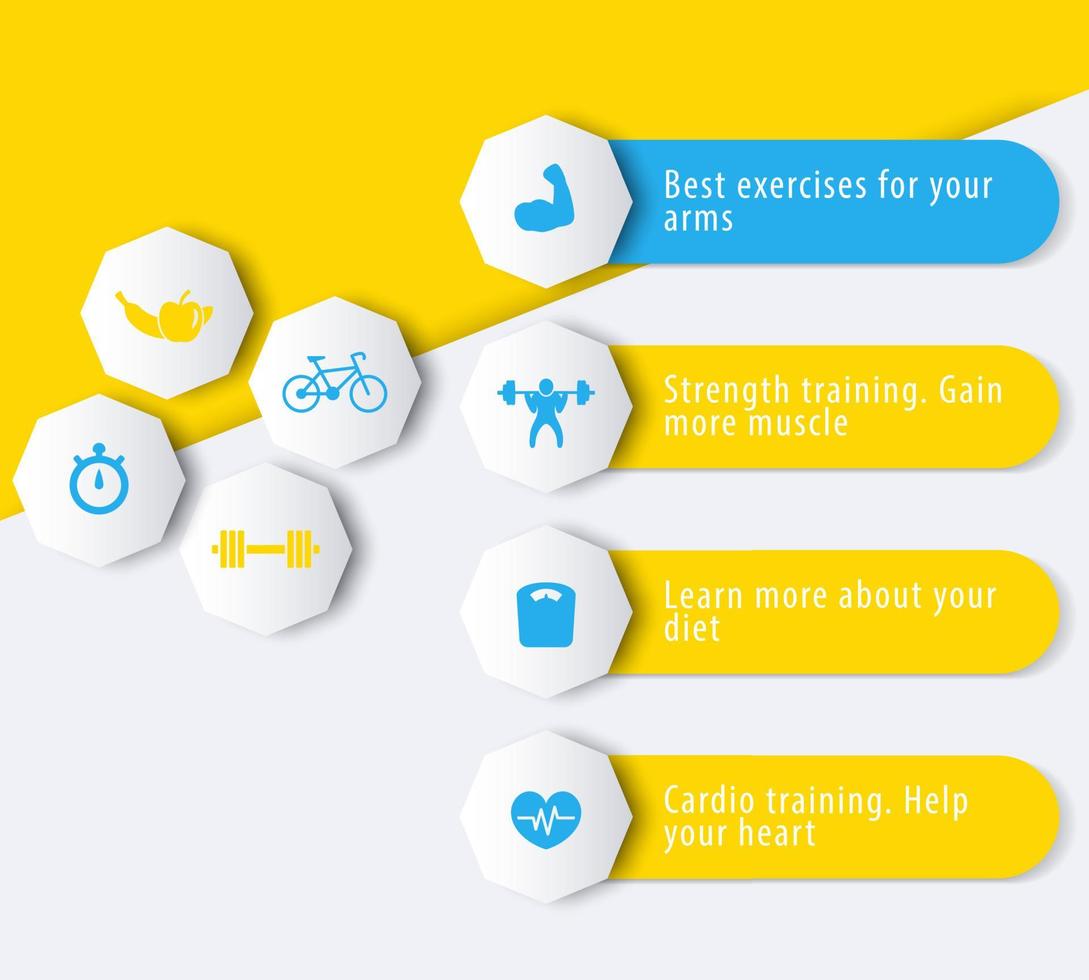 fitness, training, gym, workout icons with 3d geometric banner design in blue and yellow, vector illustration