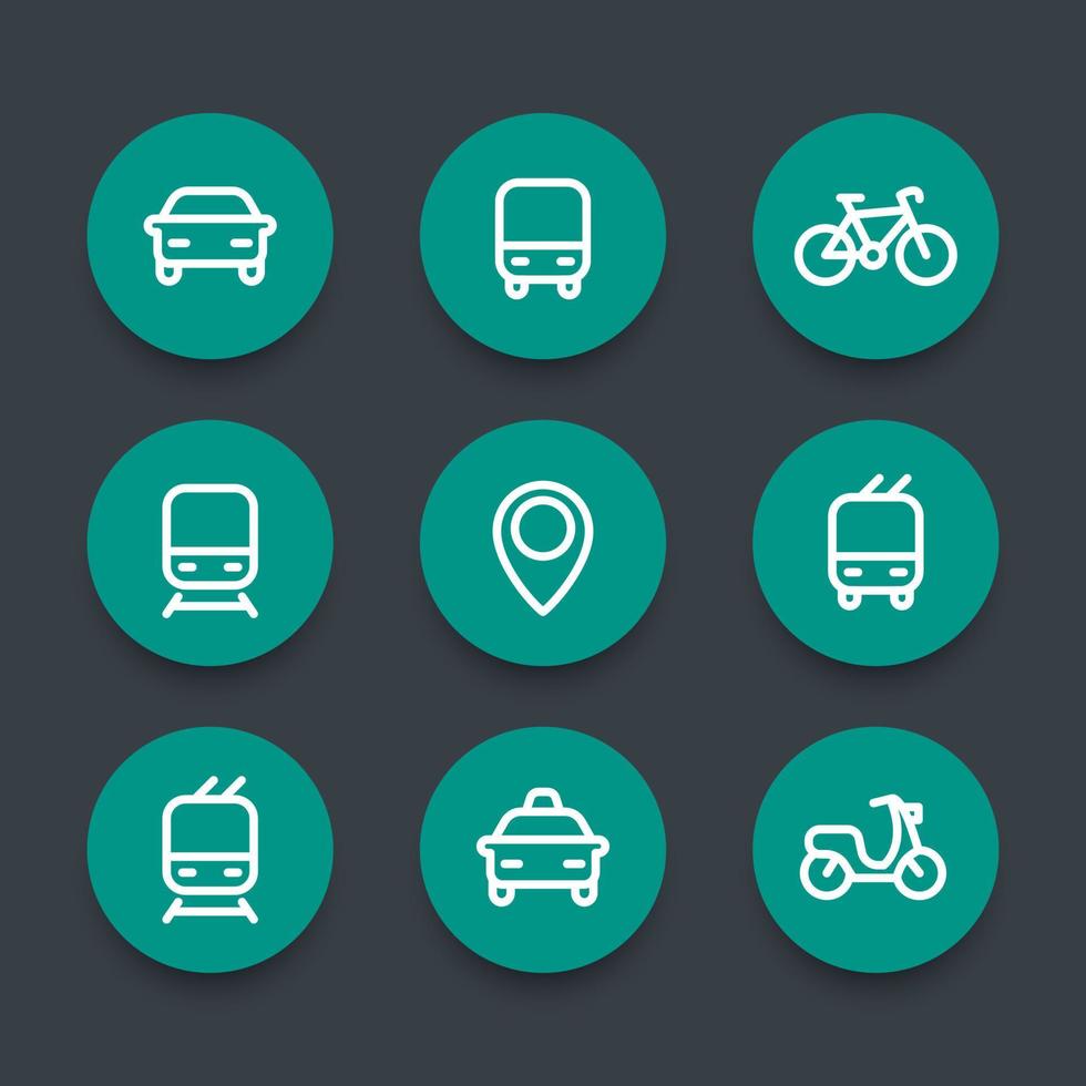 ciudad y transporte público iconos verdes redondos, iconos de vectores de transporte público, ruta, autobús, metro, taxi, pictogramas de transporte público, conjunto de iconos de línea gruesa, ilustración vectorial
