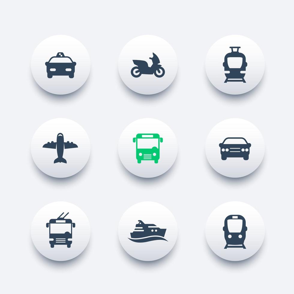 iconos de transporte de pasajeros, vector de transporte público, autobús, metro, tranvía, taxi, avión, barco, conjunto de iconos modernos redondos, ilustración vectorial