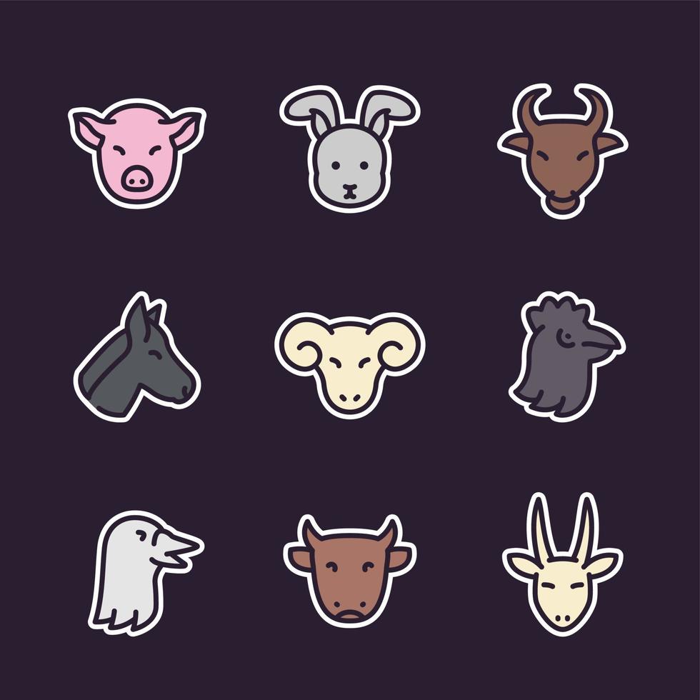 iconos de animales de granja, estilo plano con contorno vector