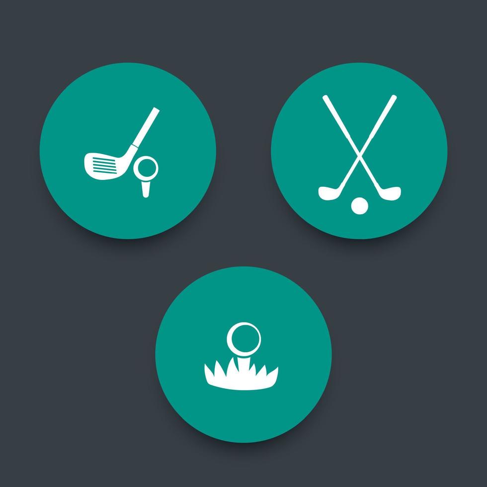 Golf, golf clubs, ball on grass, 3 green round icons, vector illustration
