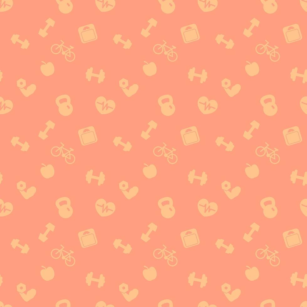 seamless pattern with fitness icons, orange seamless fitness background, vector illustration