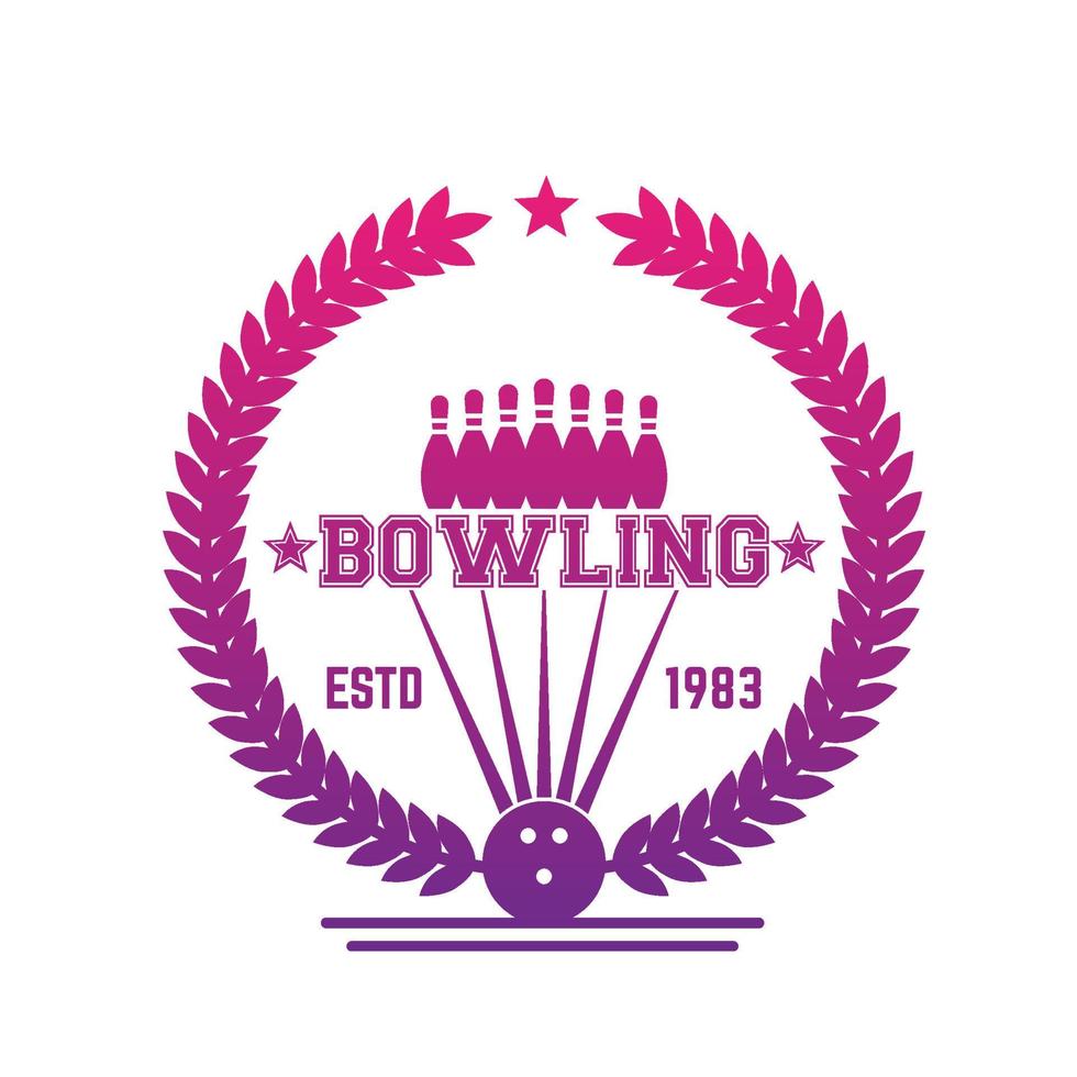 Bowling vintage logo with wreath, badge with ball and pins over white, vector illustration