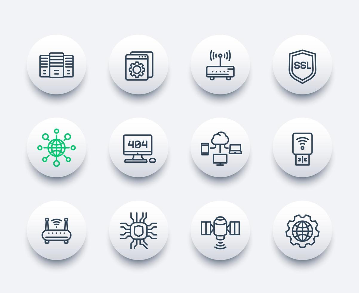 network, internet data technology, hosting service line icons set vector