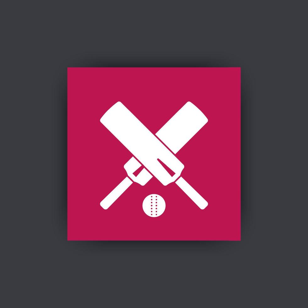 Cricket icon, crossed cricket bats and ball on square, cricket pictogram with cricket bats, vector illustration