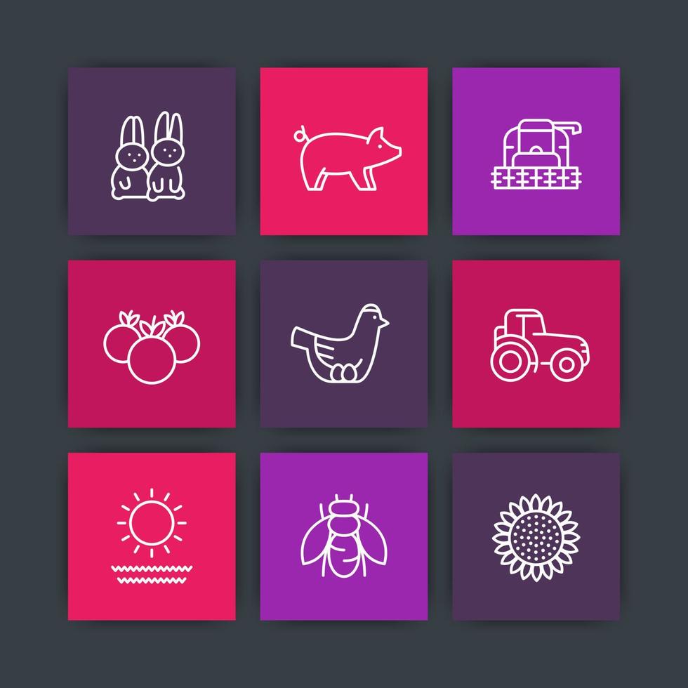 Farm, ranch line icons, harvester, hen, pig, rabbits, crop, vegetables, square icons set, vector illustration