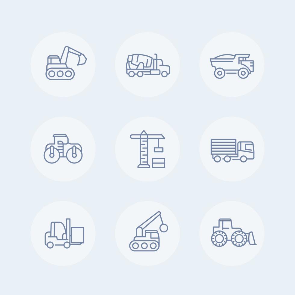 construction vehicles line icons set, heavy machines, engineering equipment, crane, trucks, excavator, loader vector