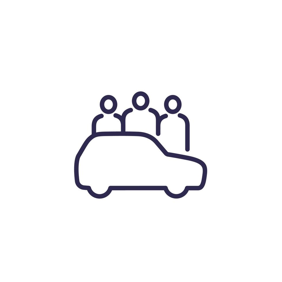 compartir coche, icono de línea de coche compartido con personas y un coche vector