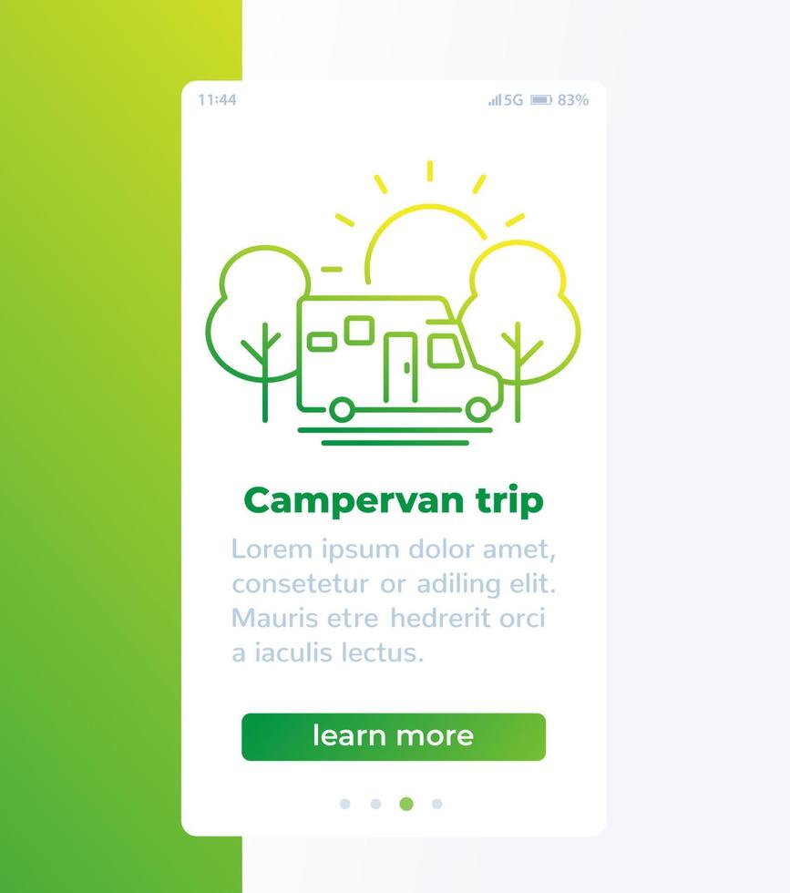 Campervan trip, travel in camper, banner design with line icon vector