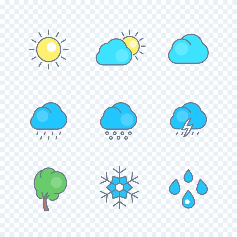 Weather line icons with color filling, rain, snowflake, hail, wind, sun, snow, clouds, isolated pictograms for forecast vector