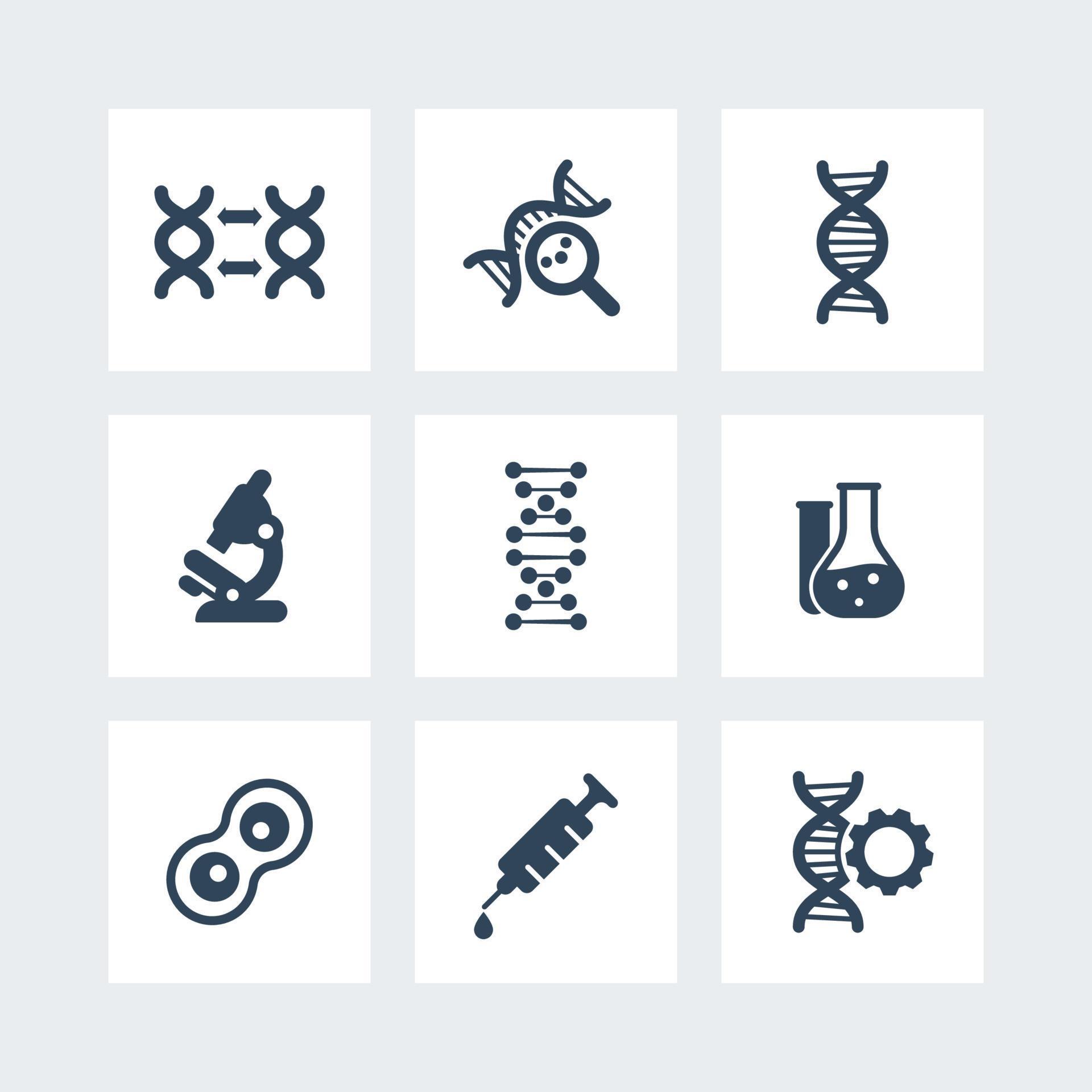 genetics icons, dna modification, genetic research, lab, dna chain ...