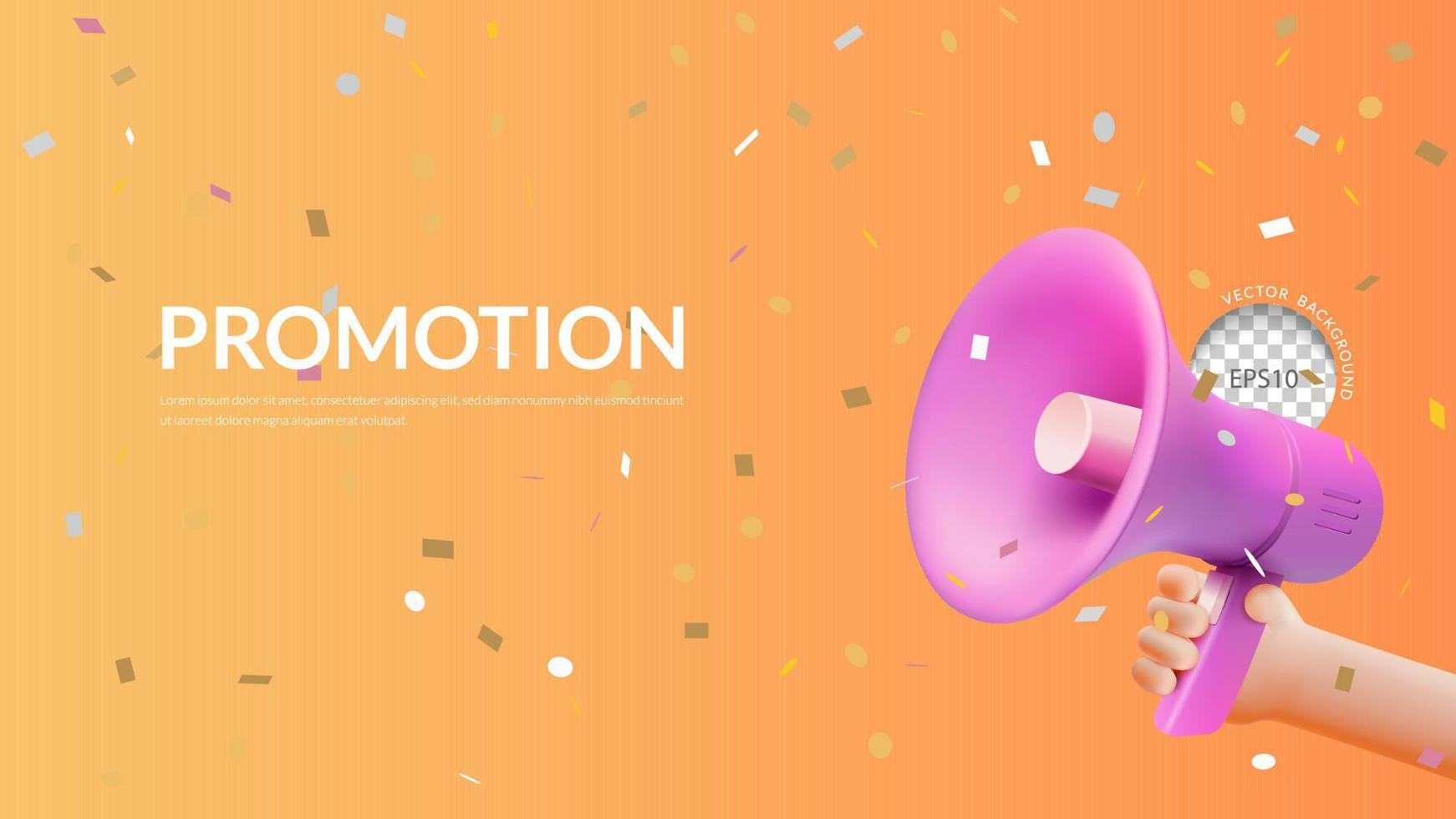 Promotion banner, 3D pink megaphone with confetti on orange background, Vector illustration