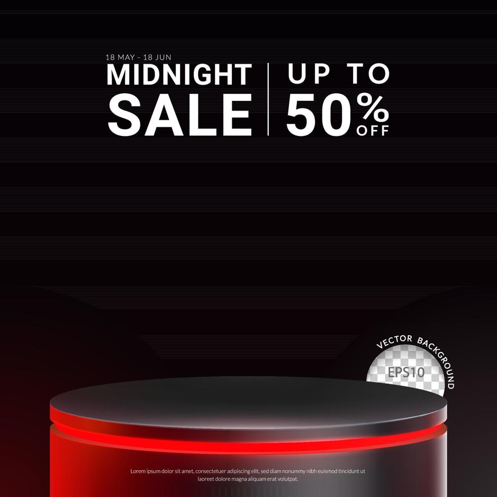 Stage with red neon lights on black background. Concept of design for product display. Layout square, Vector illustration