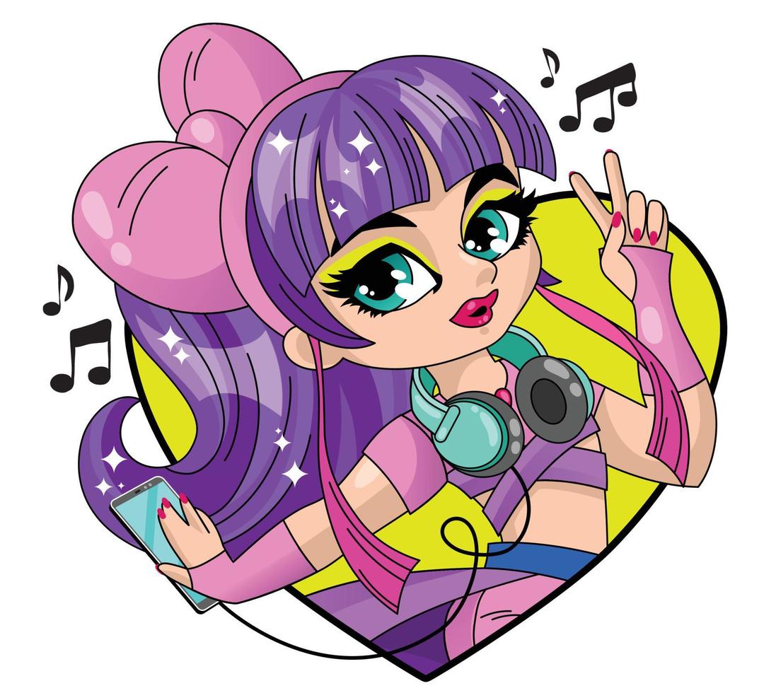 Little cute girl with headphones and phone listens to music. Fashion children's illustration. vector