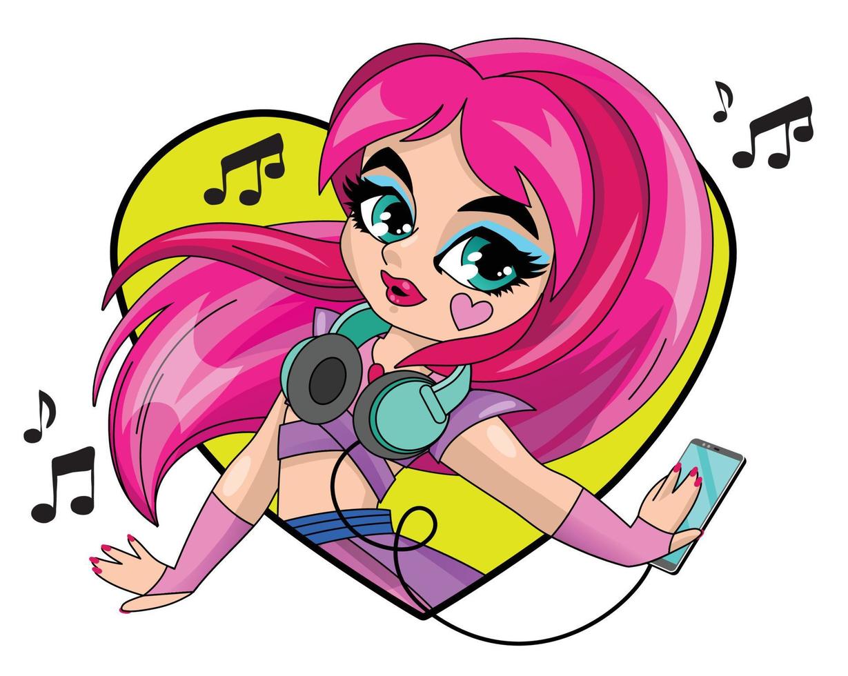 Little cute girl with headphones and phone listens to music. Fashion children's illustration. vector