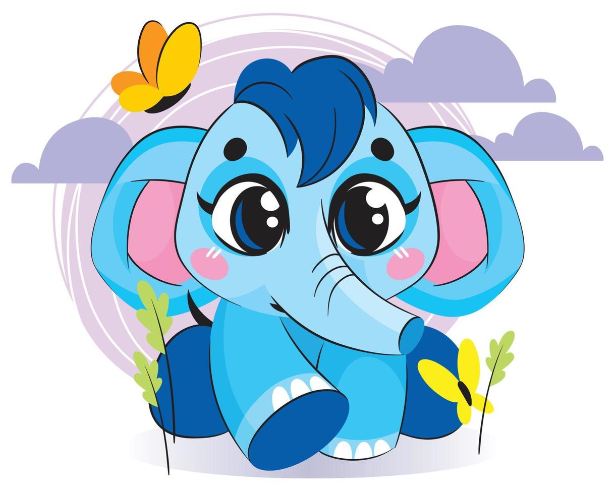 A cute little elephant sits cheerfully on the lawn. Children's preschool illustration. vector