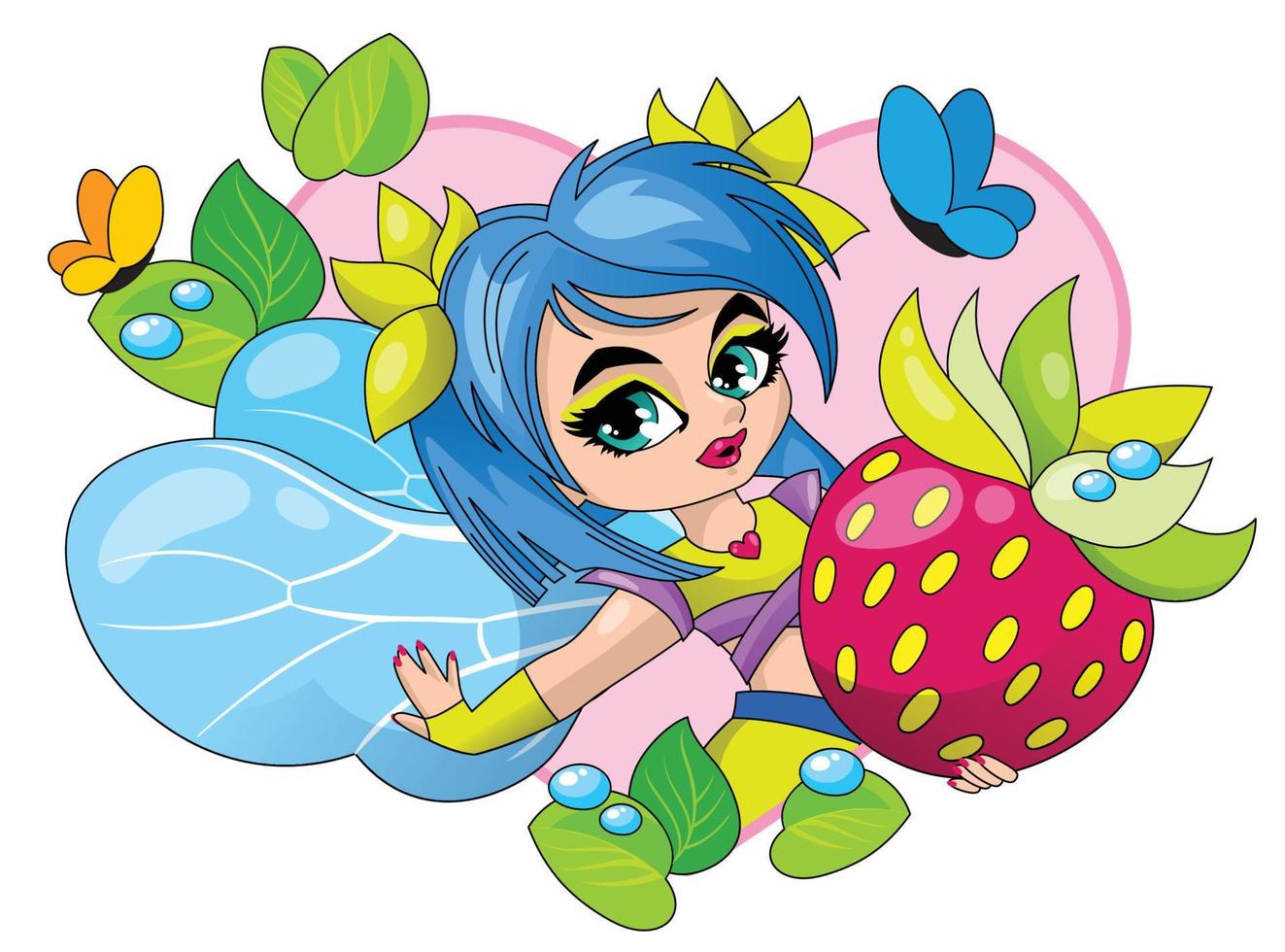 Little cute fairy girl with strawberries in her hands in a frame of leaves. Fashion children's illustration. vector