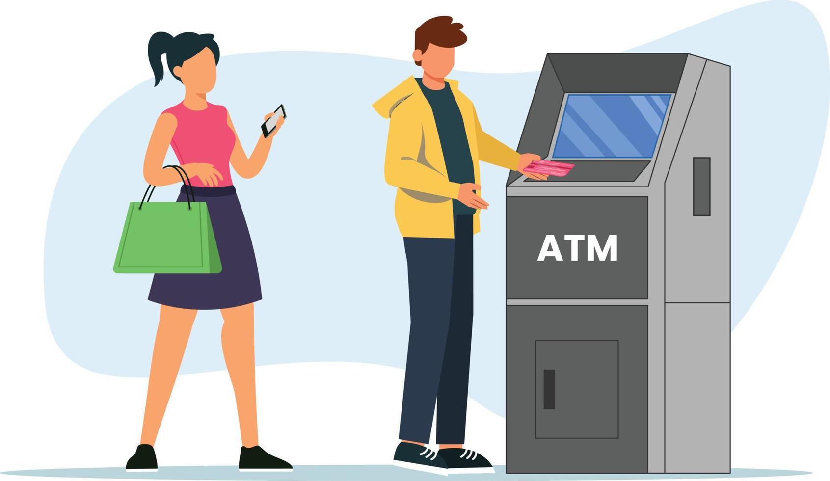 People Standing in Line to Withdraw Money at Cash Machine. Flat Cartoon