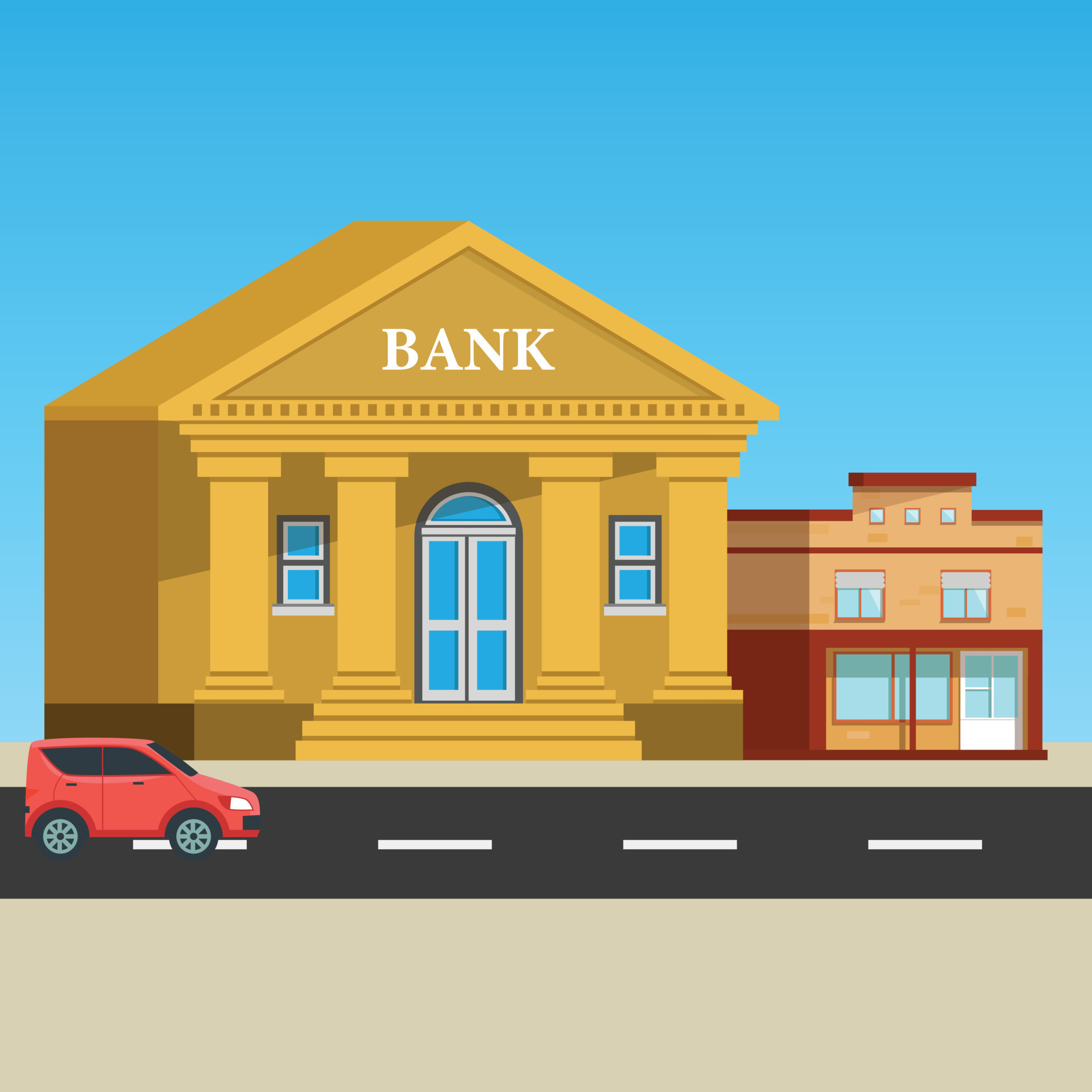 Money loan house in cityscape with cars on street. Bank building