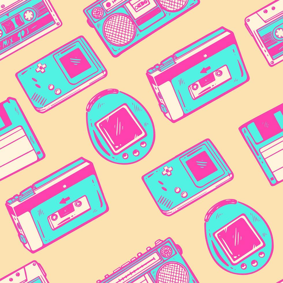 Cute Doodle Retro 90s Neon Color Seamless Pattern Background vector