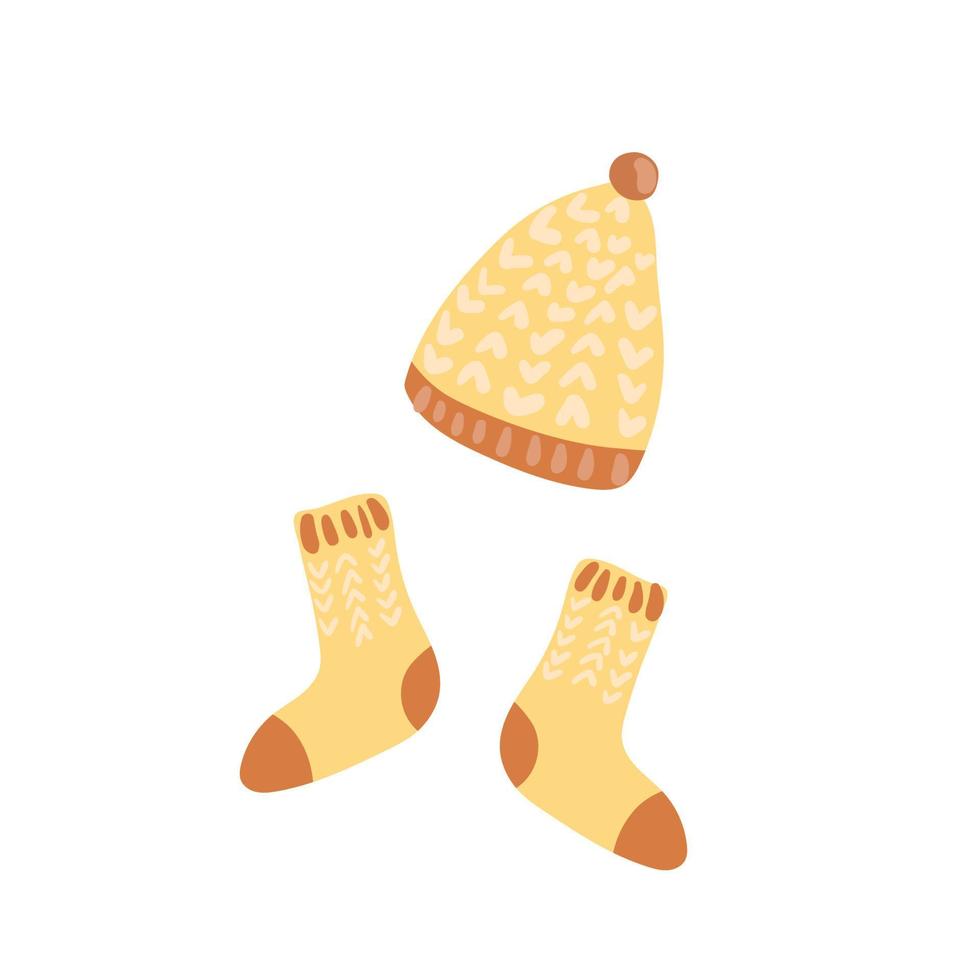 Knitted winter hat and socks. Warm clothes. Hand drawn vector illustration of socks and hat.